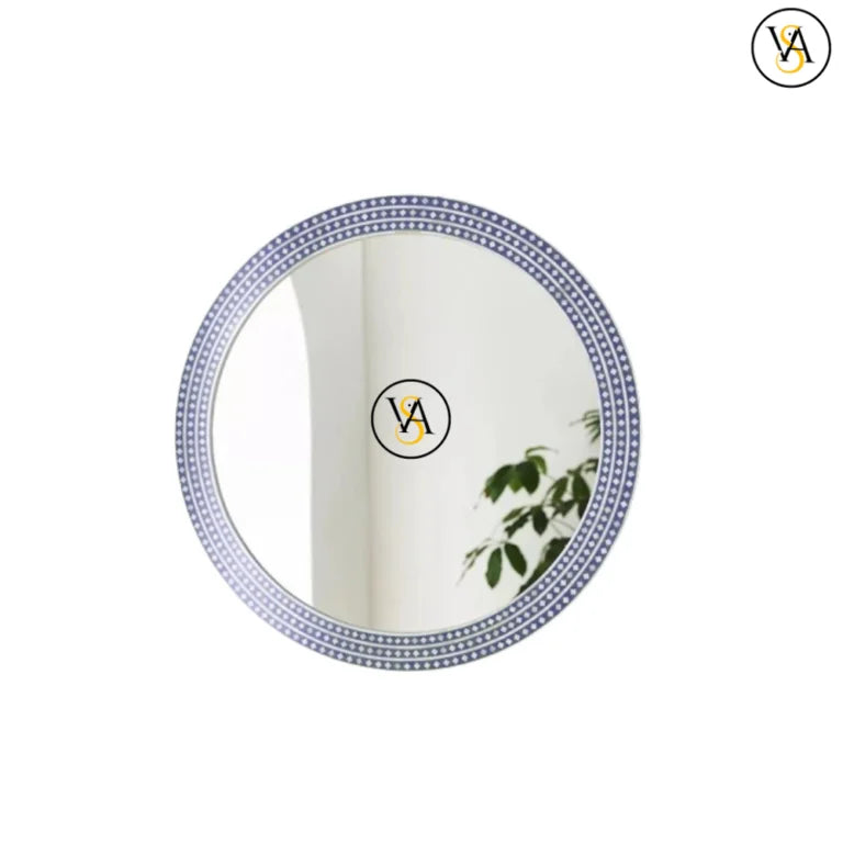 Bone inlay round mirror with decorative blue border on a white background