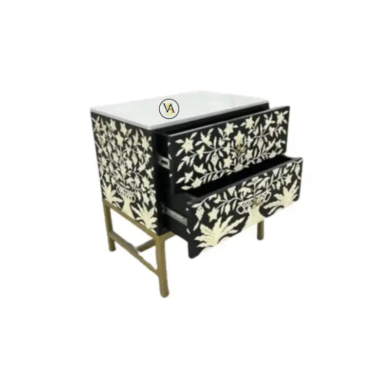 Bone Inlay Black Side Table With Open Drawers