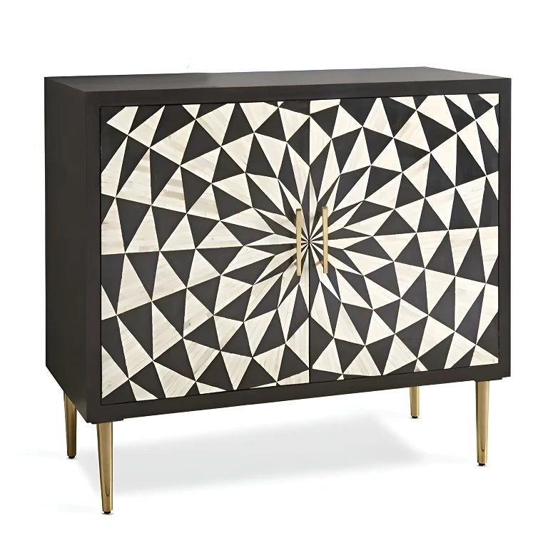 Handcrafted bone inlay sideboard with intricate black and white geometric design and brass handles – front view