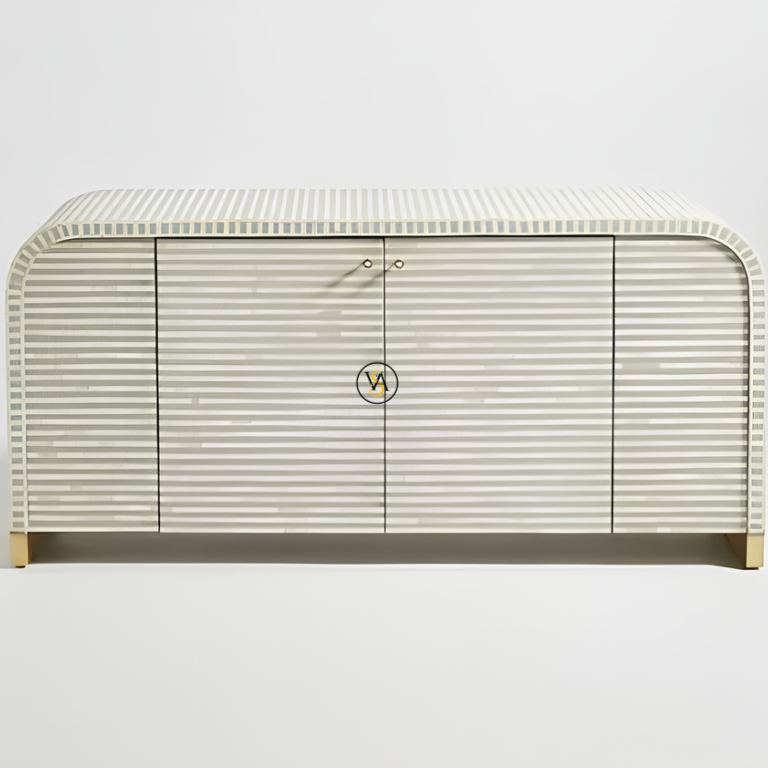 Full front view of a bone inlay sideboard cabinet with rounded edges, striped white-gray pattern, and brass cladding feet.