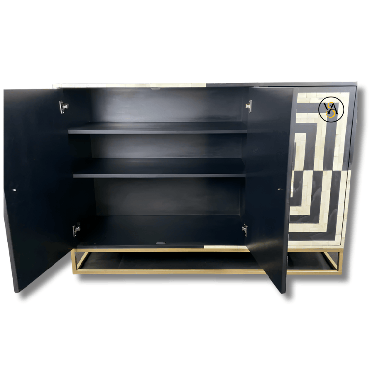 Interior of bone inlay cabinet showing spacious shelves and black painted finish