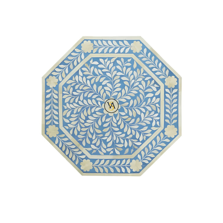Top view of octagonal bone inlay pedestal table with floral pattern