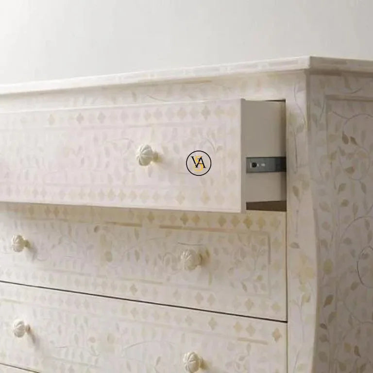 Bone Inlay White 6 Drawer Chest with open drawer