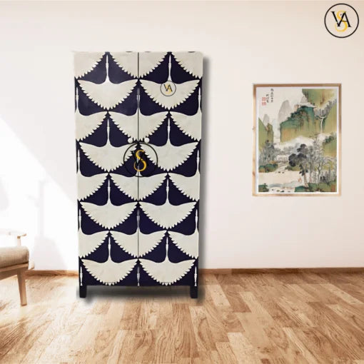 Bone inlay wardrobe with geometric cut glass knobs - room placement