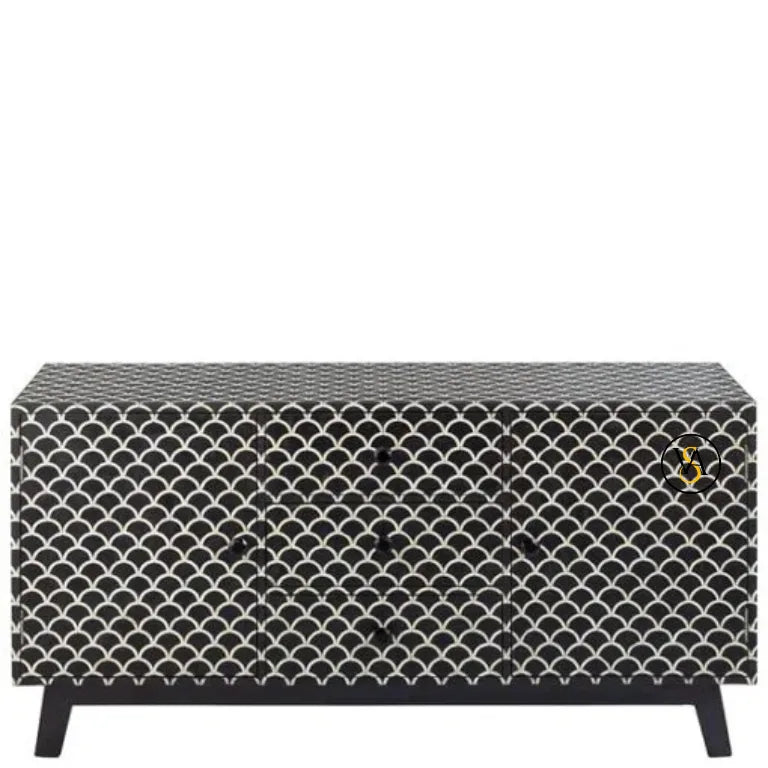 Fish Scale Inlay Buffet with black background and 3 drawers in center