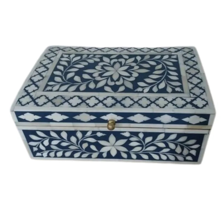 Top view of floral bone inlay box with decorative pattern