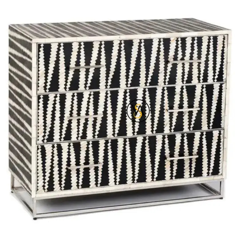 Black and white patterned dresser with a brand logo on a white background