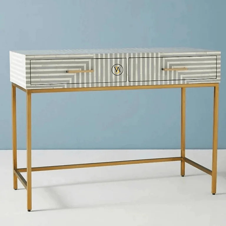 Grey bone inlay striped console table with brass legs – front view