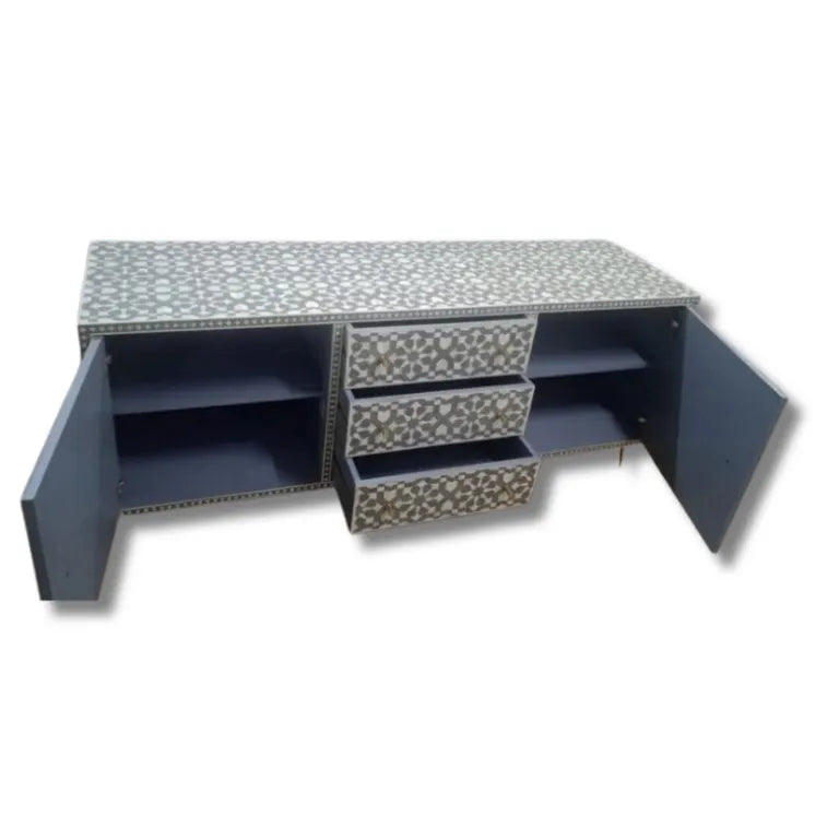 Grey bone inlay sideboard open with drawers and folding shelves