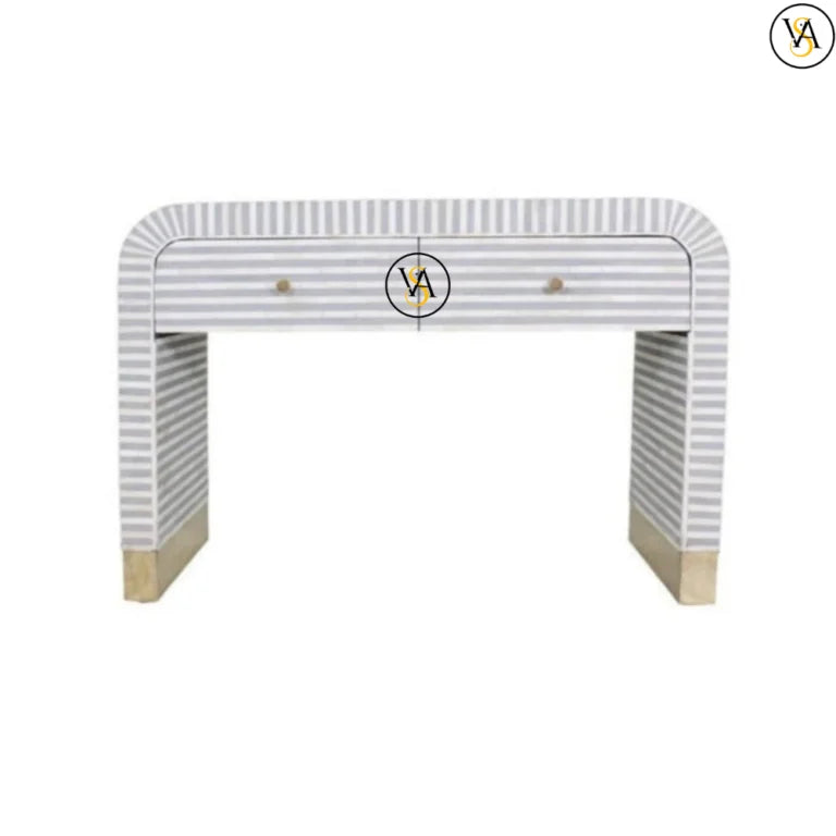 Front view of grey striped bone inlay console table with brass base and two drawers