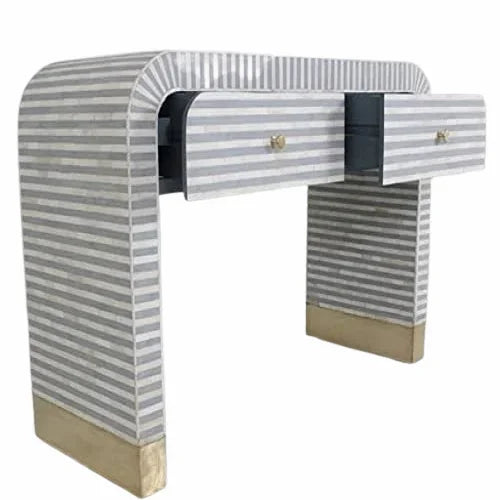 Handcrafted grey bone inlay console table with waterfall design and open drawers
