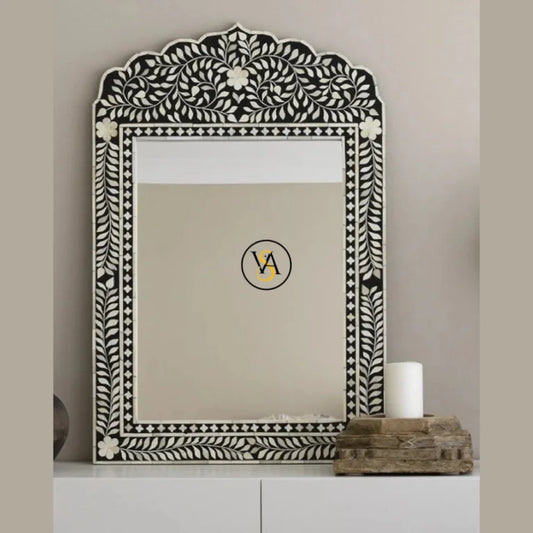 Handmade Black Bone Inlay Mirror with Jharokha Design