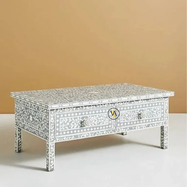 Handmade Bone Inlay Floral Coffee Table With Drawer in gray finish