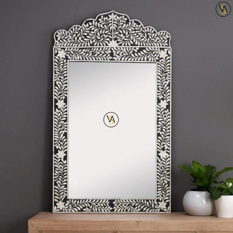 Black Handmade Bone Inlay Mirror in Floral Design on Wooden Table