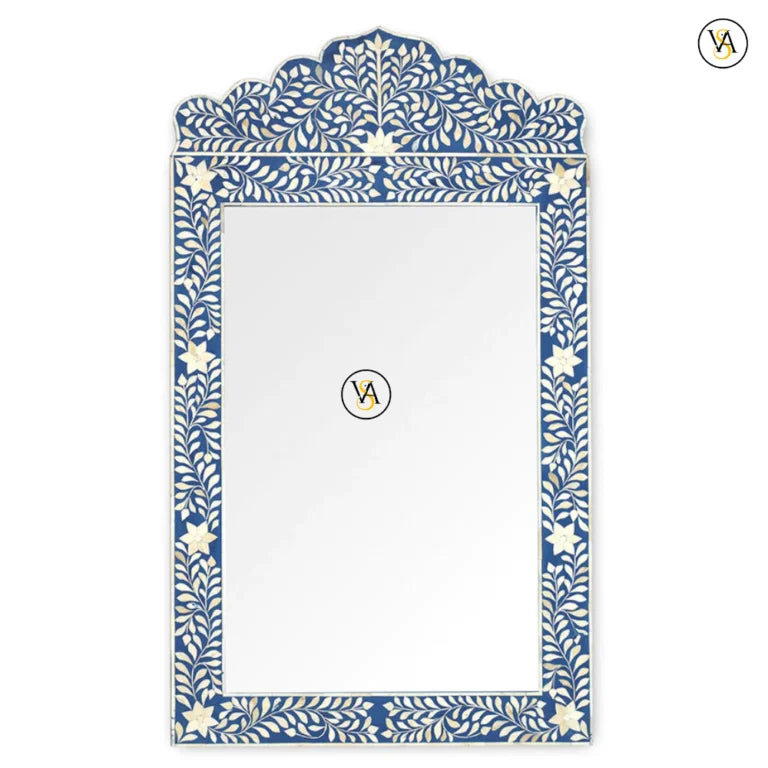 Blue Handmade Bone Inlay Mirror with Floral Arch Pattern