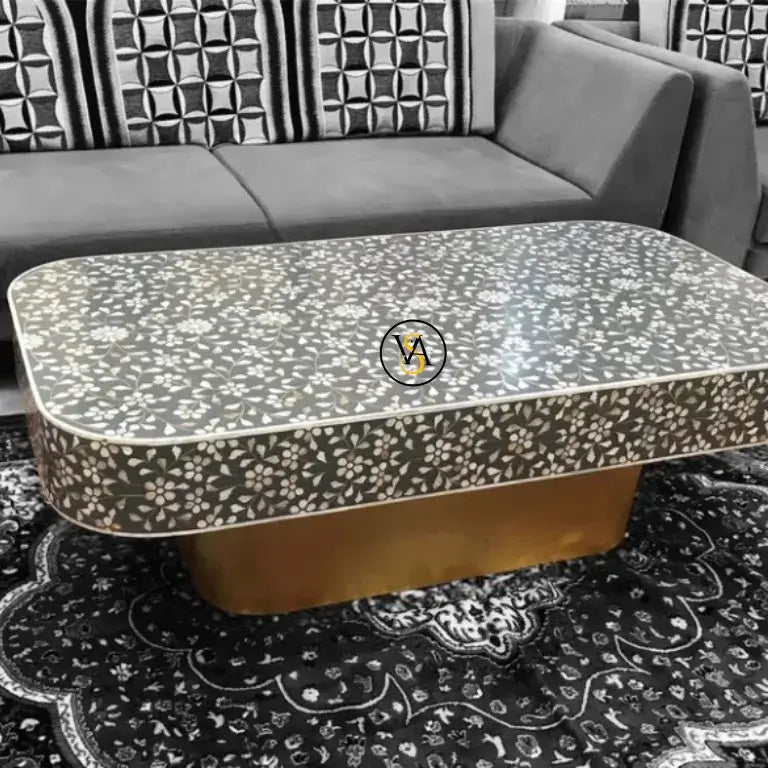 Handmade Coffee Table with floral inlay design in a living room setup