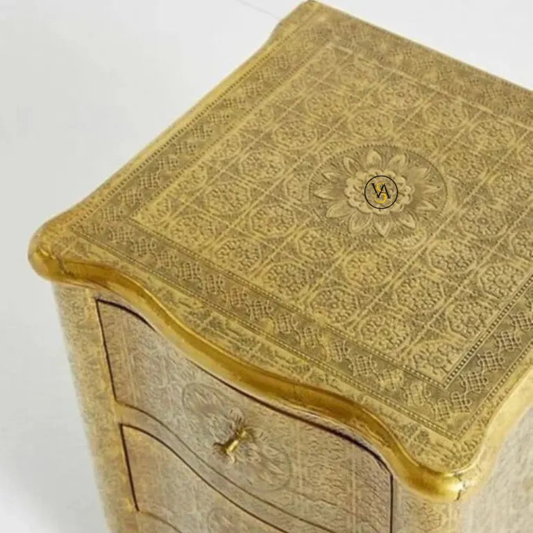 Handmade embossed brass cladding nightstand top detail