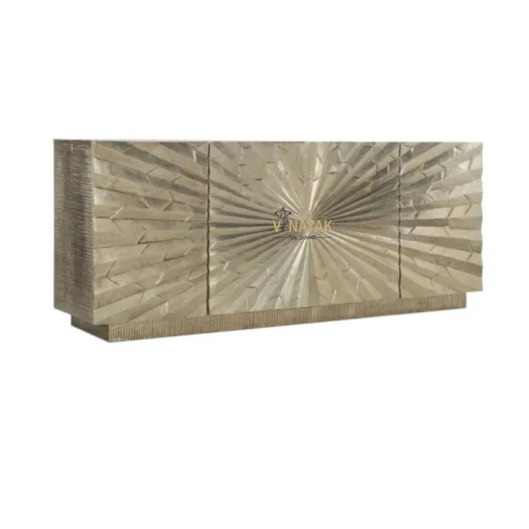 Handcrafted German Silver TV Unit With Storage, 4 door media TV console cabinet for luxury home interiors