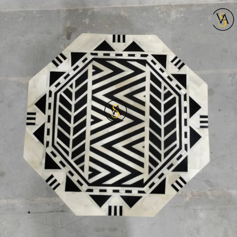 Top View of HexaTribe Bone Inlay Accent Table – Geometric Pattern Design