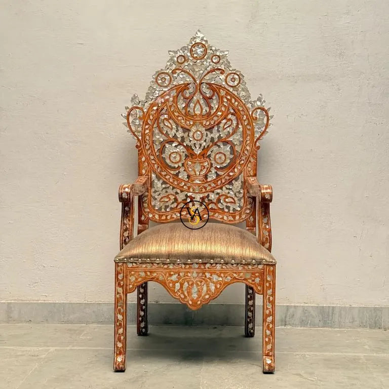 High-back teak wood Maharaja chair with velvet seat – full view