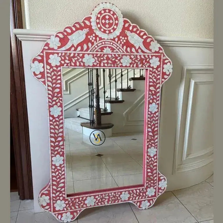 Large Pink Bone Inlay Mirror with Parrot Carving