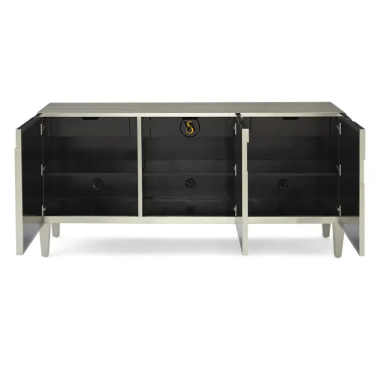 Open view of Luxora German Silver Entertainment Console showing inner shelving and spacious compartments