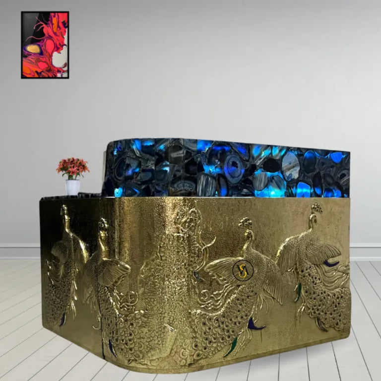 Brass Embossed Peacock Bar Cabinet with royal blue gemstone inlay in modern interior.