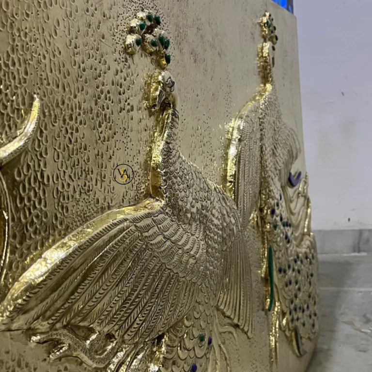 Luxury Brass Embossed Peacock Bar Cabinet with detailed embossed peacock design and gemstone inlays