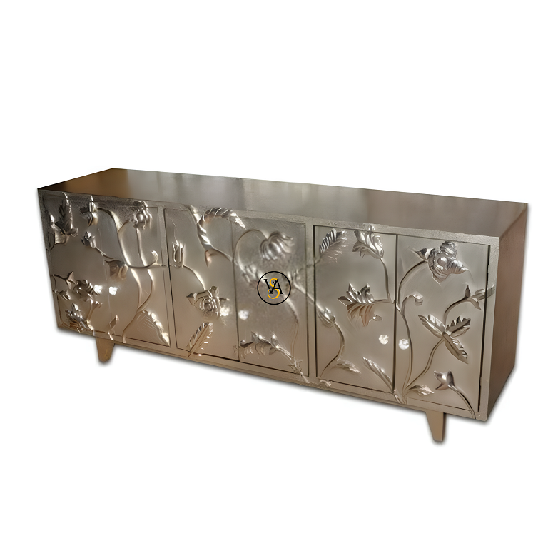 Elegant side view of floral embossed metal sideboard with carved detailing