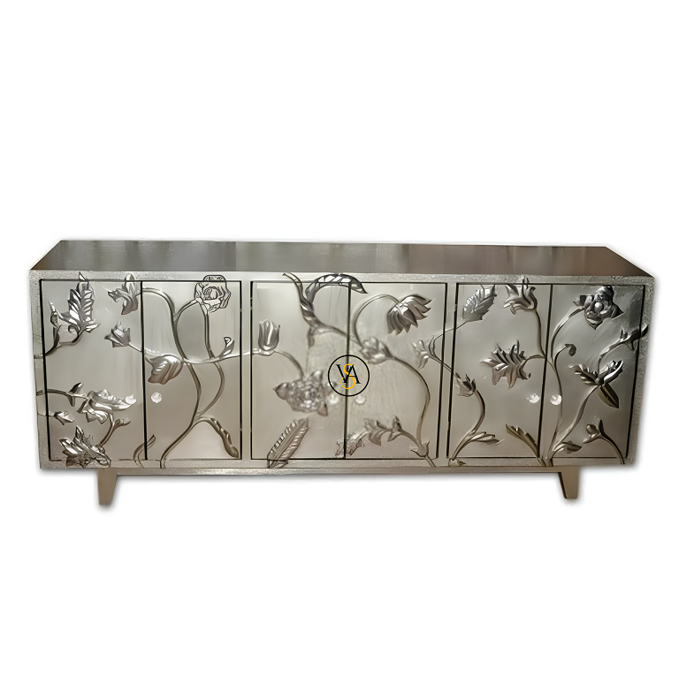 Close-up floral embossing detail on white metal sideboard cabinet