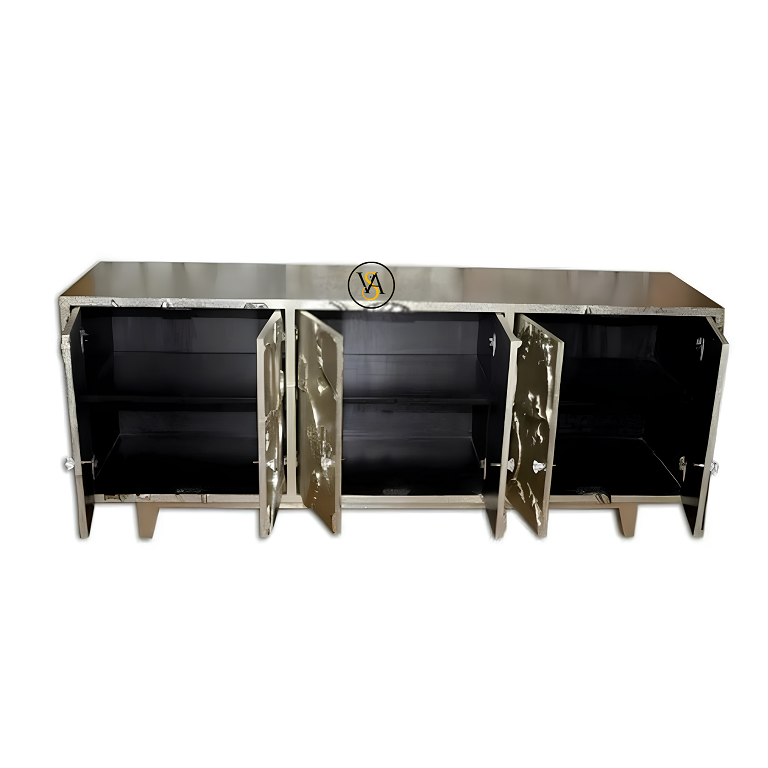 Inside storage compartments of handcrafted white metal sideboard – 6 door layout
