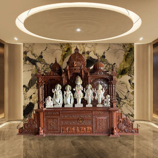 Handcrafted home temple with domes and carvings