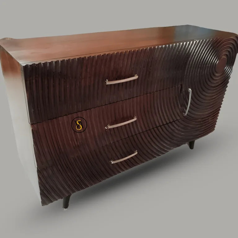 Side Perspective of Textured Mango Wood Sideboard – Walnut Finish