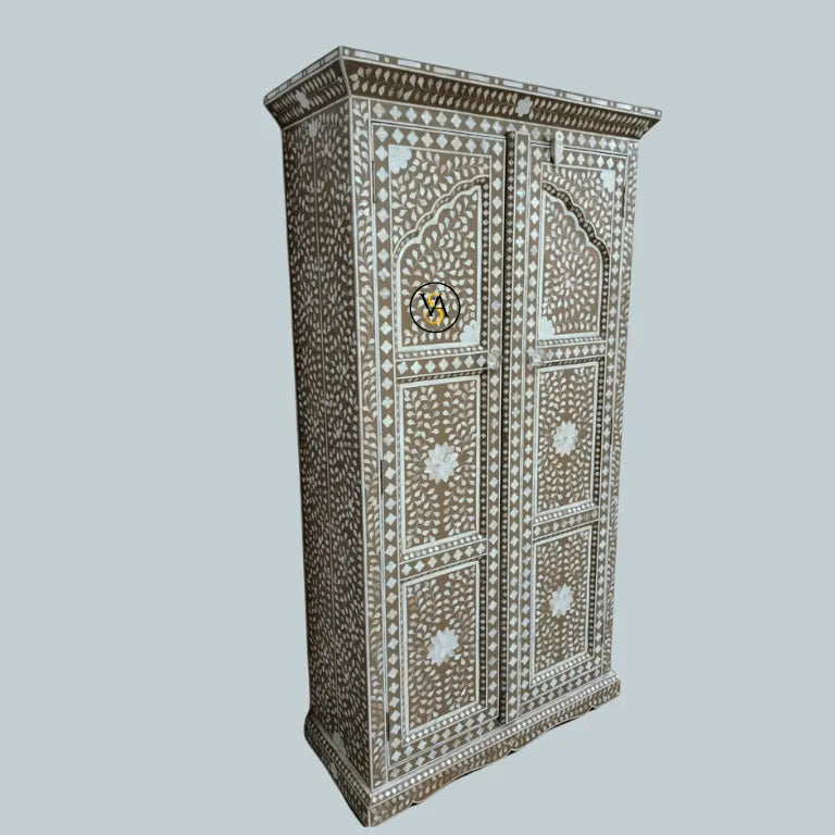 Side angle view of hand-inlaid storage cupboard