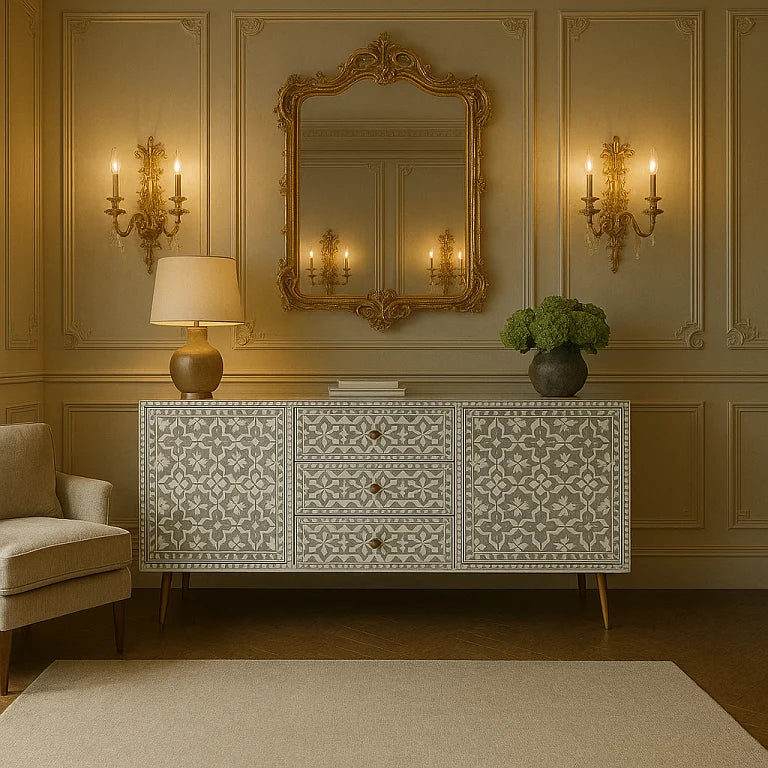 A sideboard with bone inlay patterns in a grey color, featuring brass cladding legs and brass knobs, placed in a room with a mirror, lamp, and decorative items.