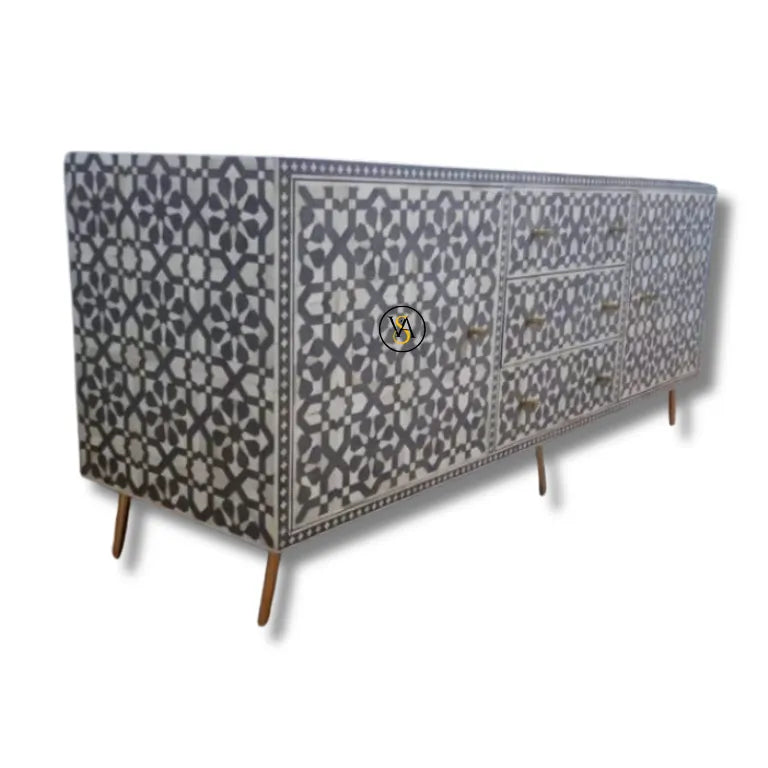 Angled view of grey Moroccan inlay buffet cabinet