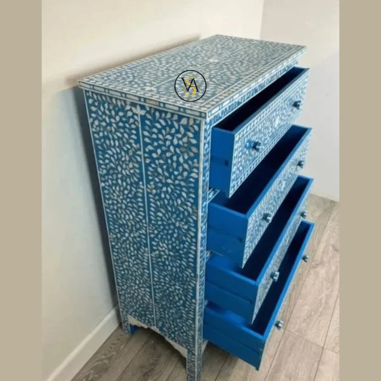 Blue Mother of Pearl Inlay Dresser with Open Drawers