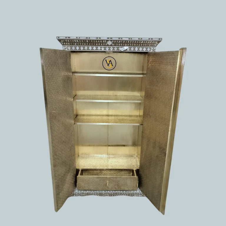 Brass-lined interior view of inlay cupboard with shelves