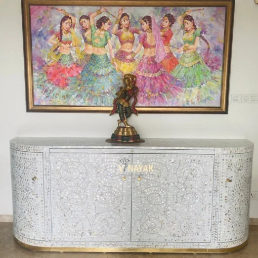 White mother of pearl inlay curved sideboard with brass cladding base