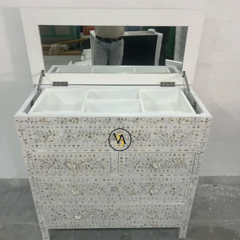 Mother of Pearl Vanity Dresser with Open Mirror and LED Lighting