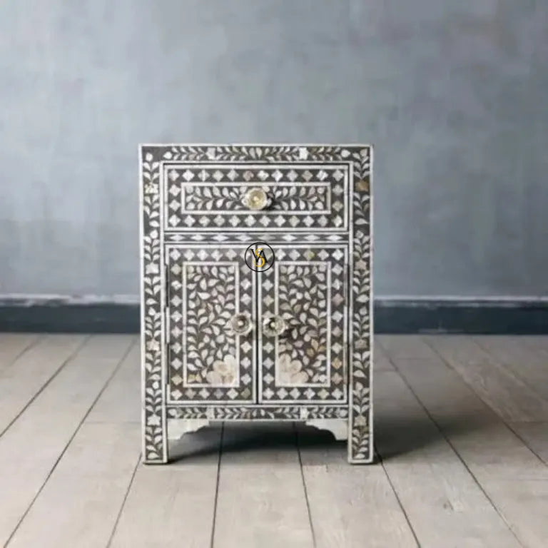 Front view of Handmade Mother of Pearl Inlay Night Stand in elegant gray finish