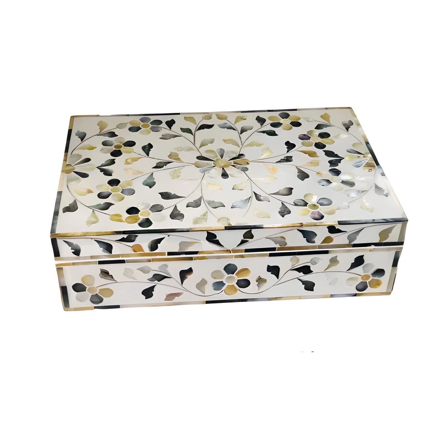 Close-up of Floral Mother of Pearl Inlay Wooden Jewelry Box
