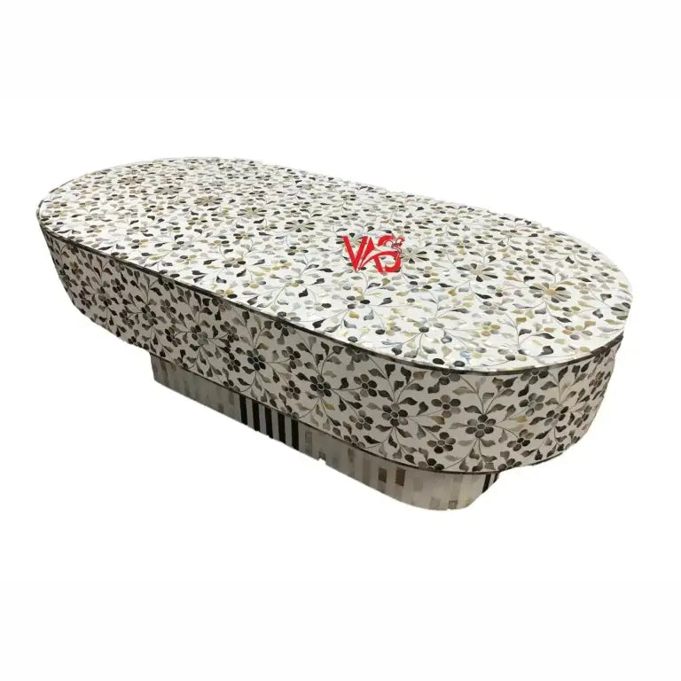Mother of Pearl Inlay Oval Shape Coffee Table – Floral Design Top View