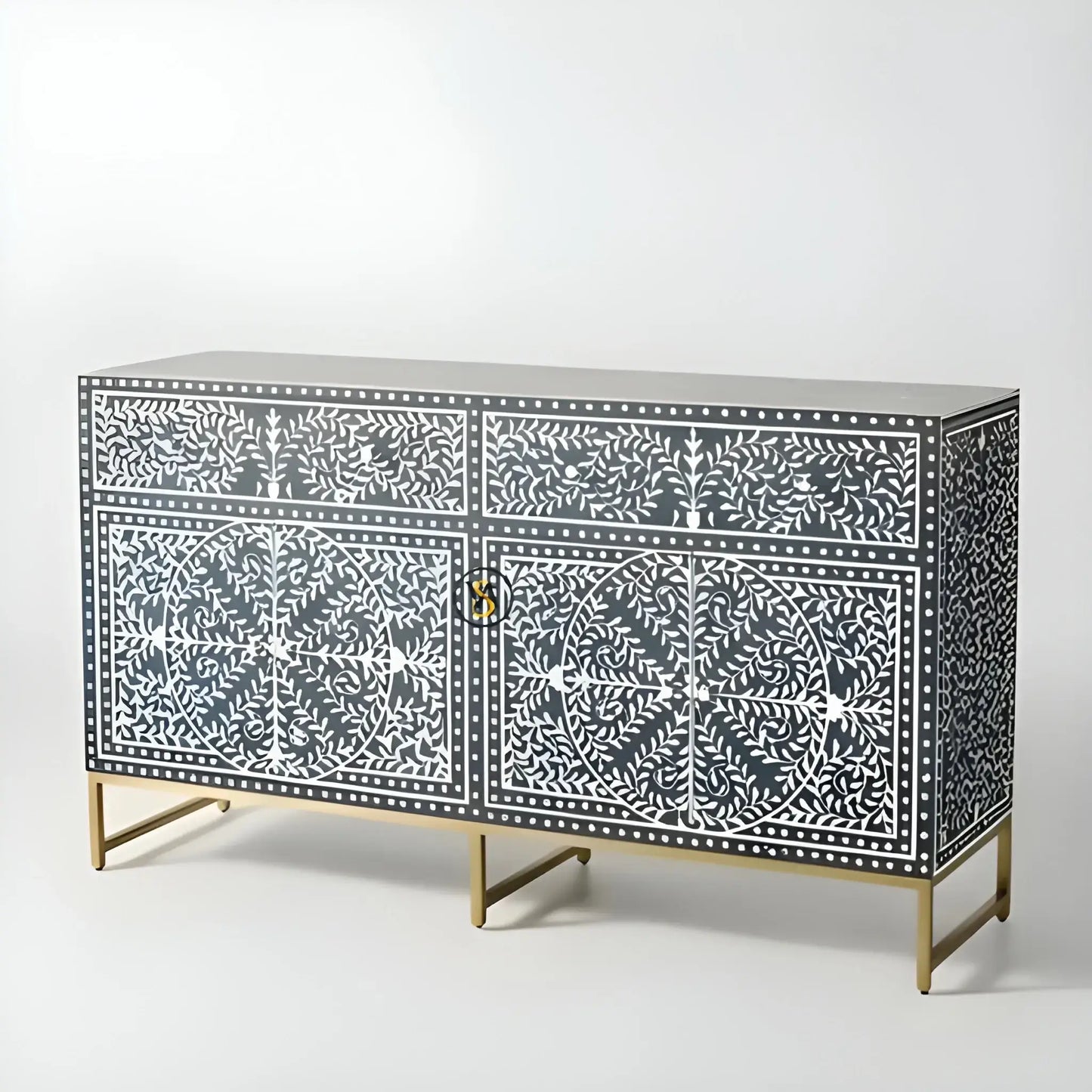 Navy blue floral bone inlay sideboard front view