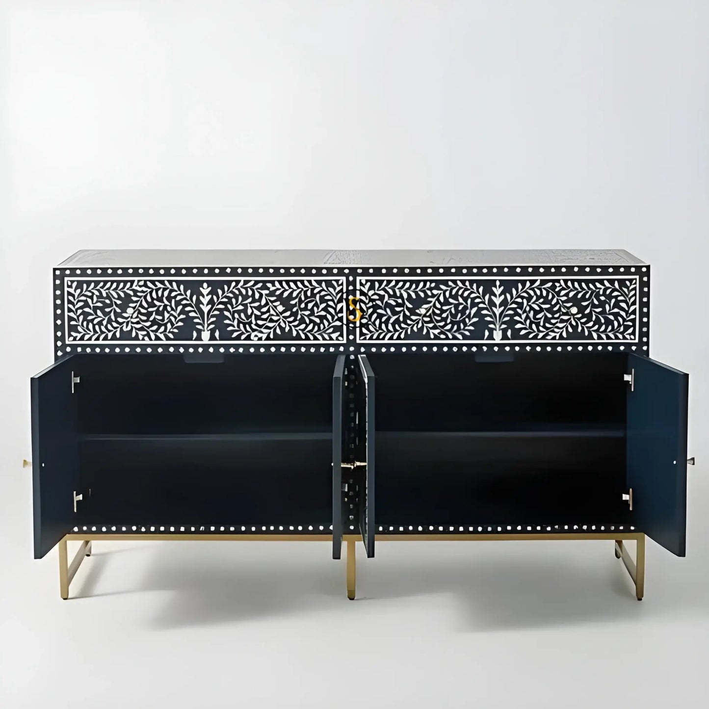 Open doors of navy blue bone inlay cabinet with interior shelves