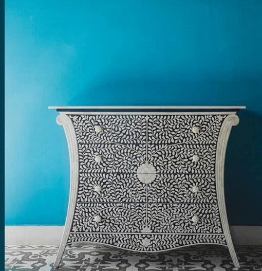 Navy blue floral bone inlay chest of drawers with white marble top