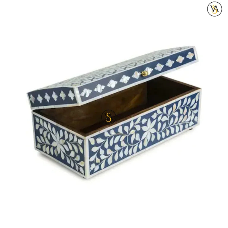 Open handcrafted bone inlay box showing inner storage
