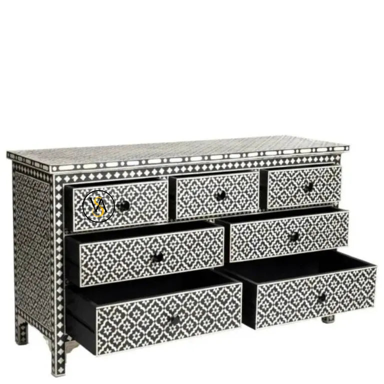 Black bone inlay dresser with drawers open showcasing internal storage space