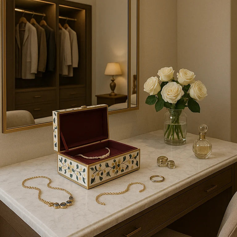 Open Mother of Pearl Jewelry Box Displaying Necklace and Ring on Marble Vanity