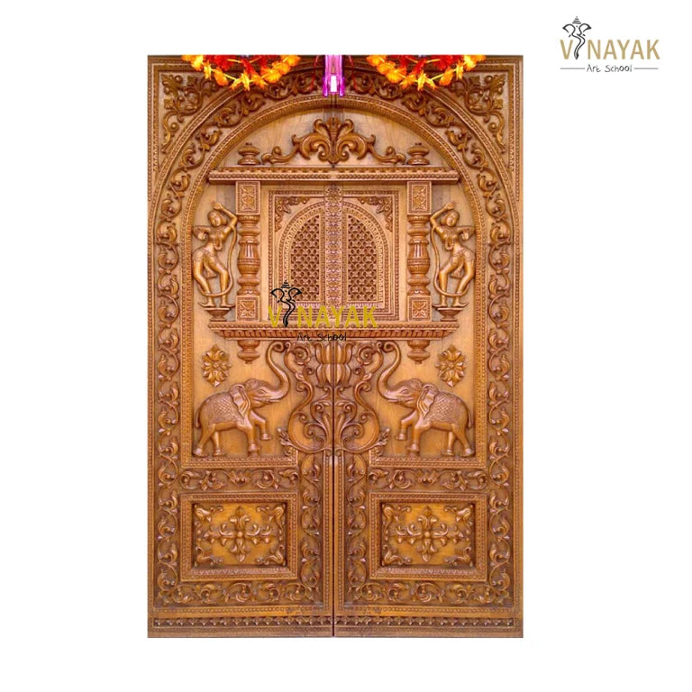 Temple-style teak wood door with detailed carvings of elephants, floral motifs, and female dancers